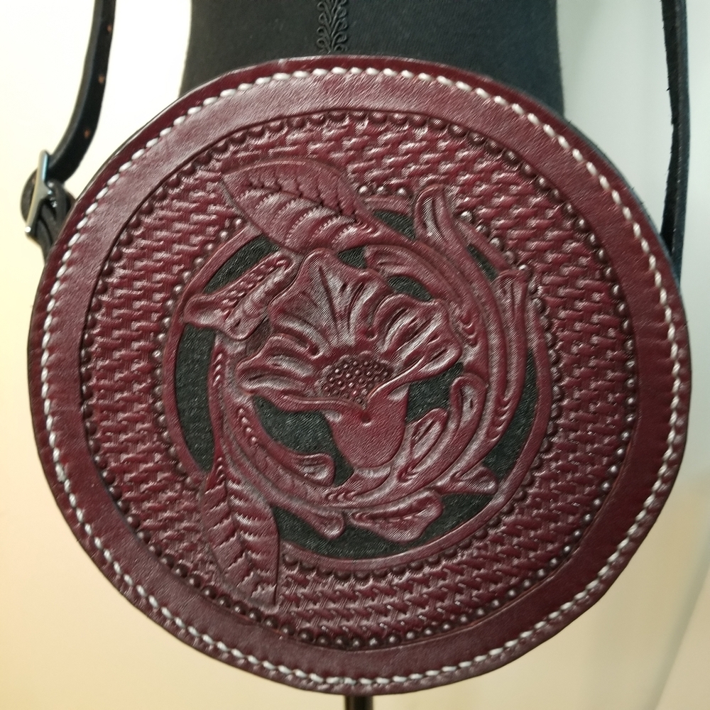 Hand crafted 100% leather round bag dark burgundy